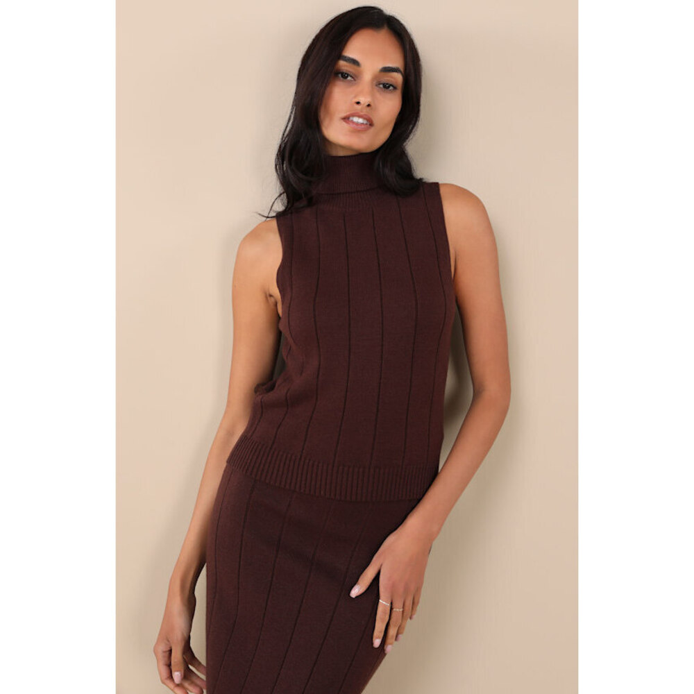 Lulus Sophisticated Duo Brown Sleeveless Turtleneck Sweater Top - Size XS
